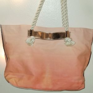 Victoria's Secret Tote Bag Canvas Pink Sunset with Gold Bottom Woven Rope Straps